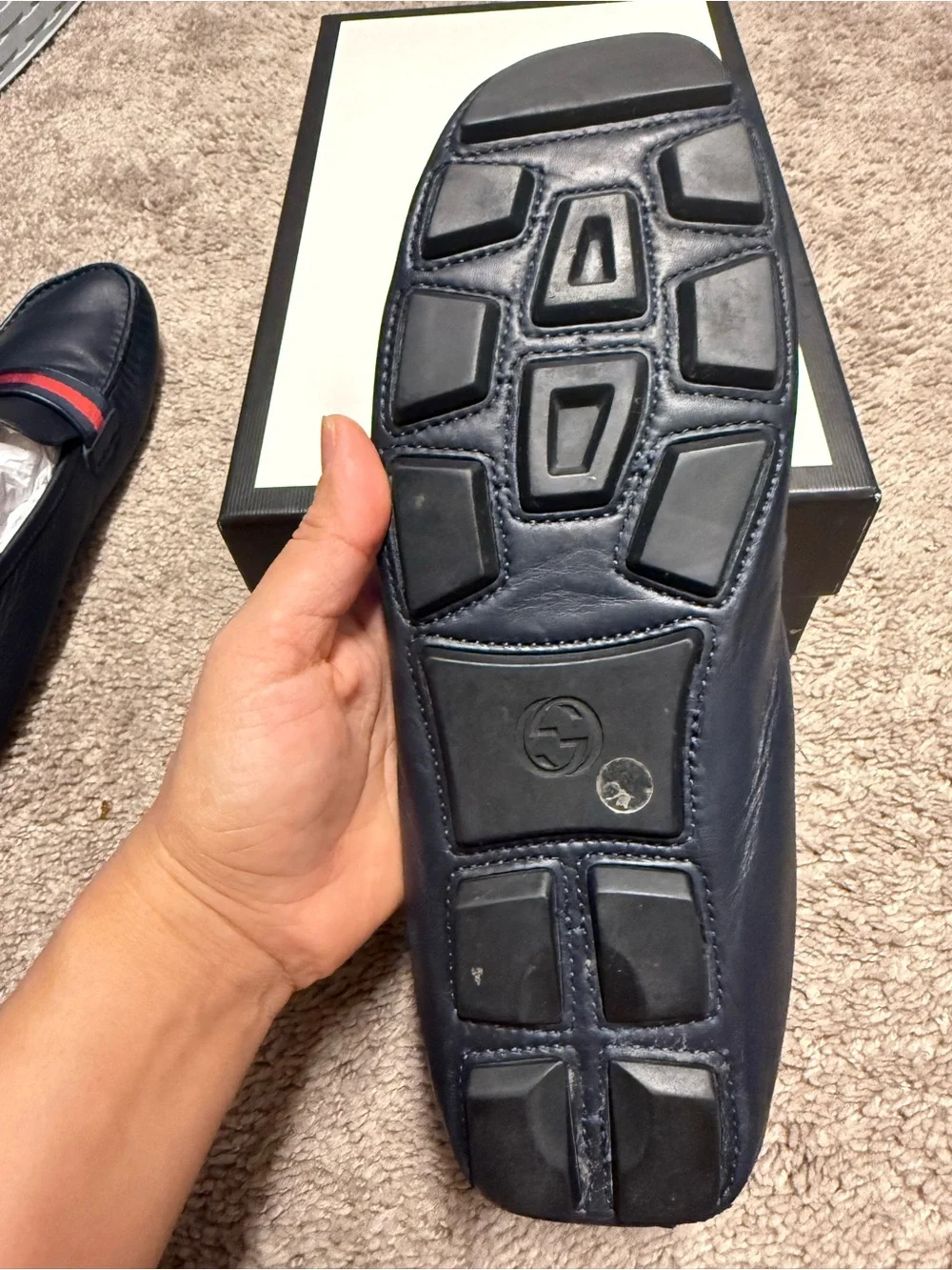 Gucci Navy Leather Loafers with Red Stripe & Gold GG